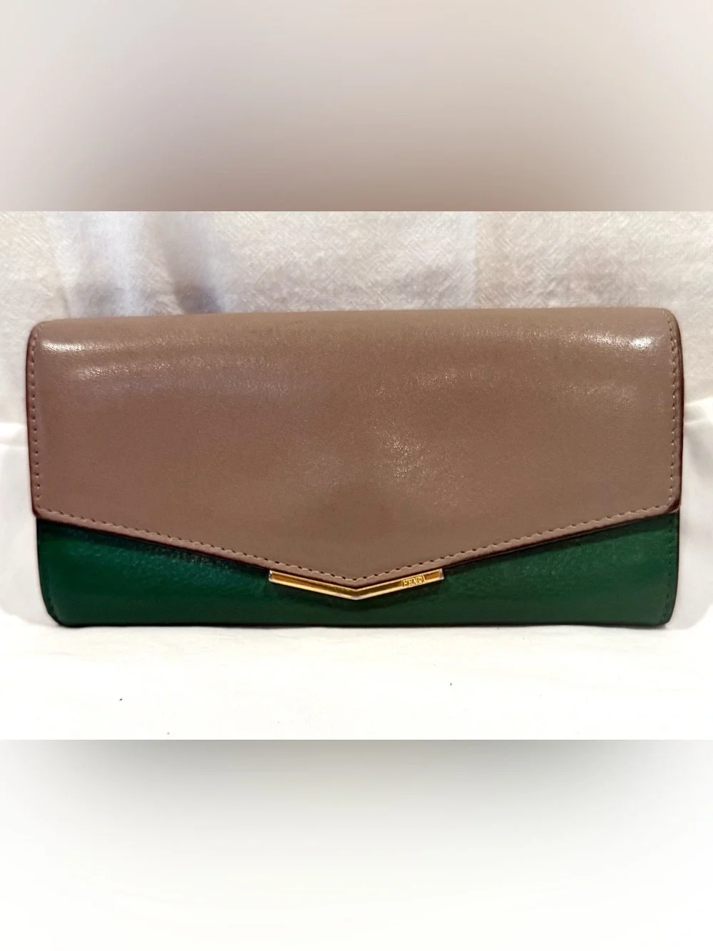 Fendi 2Jours Continental Leather Wallet Envelope Style In Taupe/Green